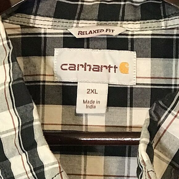 Carhartt Black Plaid Shirt Men's 2XL Button Down Short Sleeve Casual Work Shirt - Picture 8 of 13